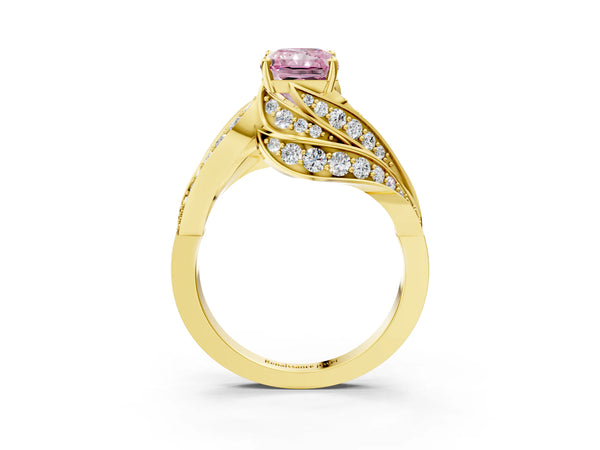 Yellow gold Fancy Pink Radiant Cut Diamond Solitaire Ring with Prong Setting and Twisted Pavé Band