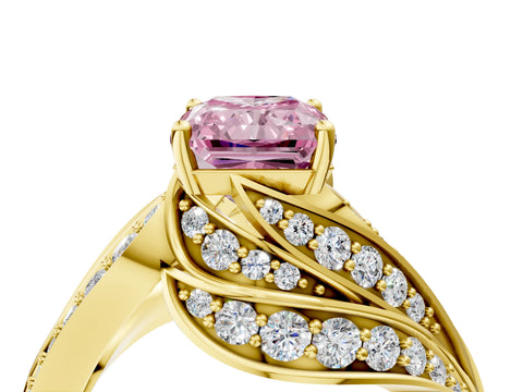 Yellow gold Fancy Pink Radiant Cut Diamond Solitaire Ring with Prong Setting and Twisted Pavé Band_4