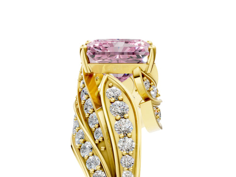 Yellow gold Fancy Pink Radiant Cut Diamond Solitaire Ring with Prong Setting and Twisted Pavé Band_5
