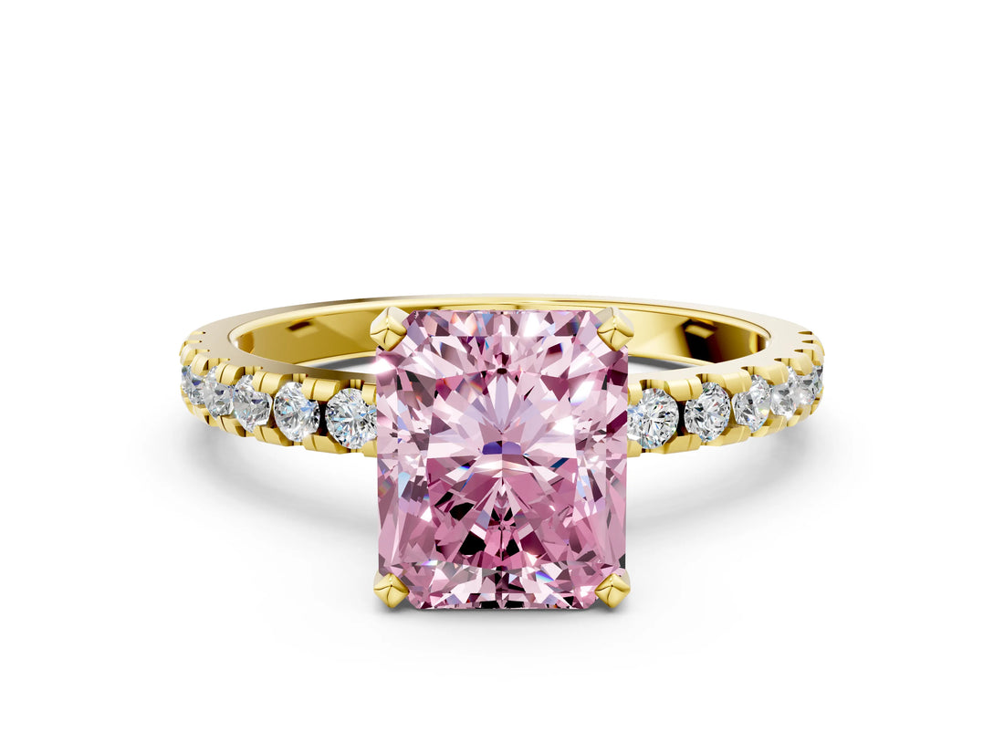Yellow gold Fancy Pink Radiant Cut Diamond Solitaire Ring with Round  Pavé Band and Four-Prong Setting_48