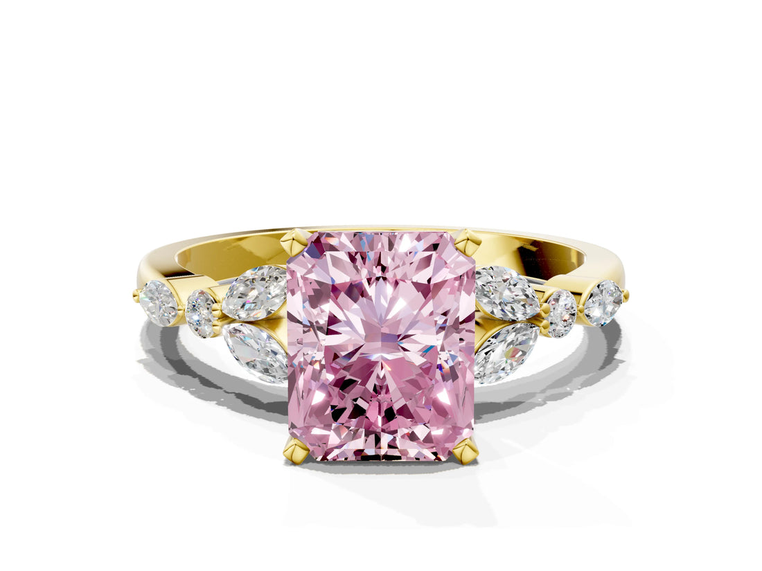 14K Yellow Gold 2.83 Carat Pink VS1 Radiant Diamond Solitaire Ring with Side Stones and Four-Prong Setting