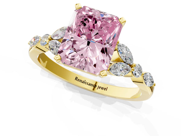 14K Yellow Gold 2.83 Carat Pink VS1 Radiant Diamond Solitaire Ring with Side Stones and Four-Prong Setting
