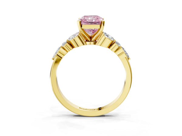 14K Yellow Gold 2.83 Carat Pink VS1 Radiant Diamond Solitaire Ring with Side Stones and Four-Prong Setting