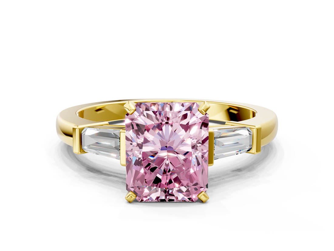 Yellow gold Fancy Pink Radiant  Cut Diamond Solitaire Ring with Tapered Baguette Accents and Four-Prong Setting_42