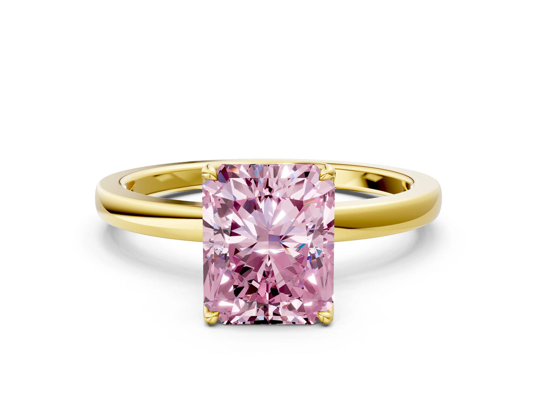Yellow gold Fancy Pink Radiant Cut Diamond Solitaire Ring with Thin Band and Prong Setting_12