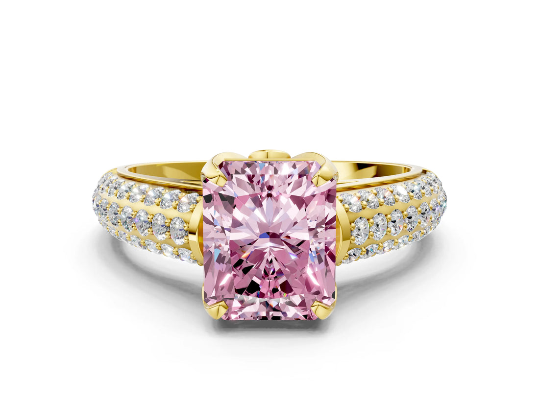 Yellow gold Fancy Pink Radiant Cut Diamond Solitaire Ring with Three-Row Pavé Band and Four-Prong Setting_38