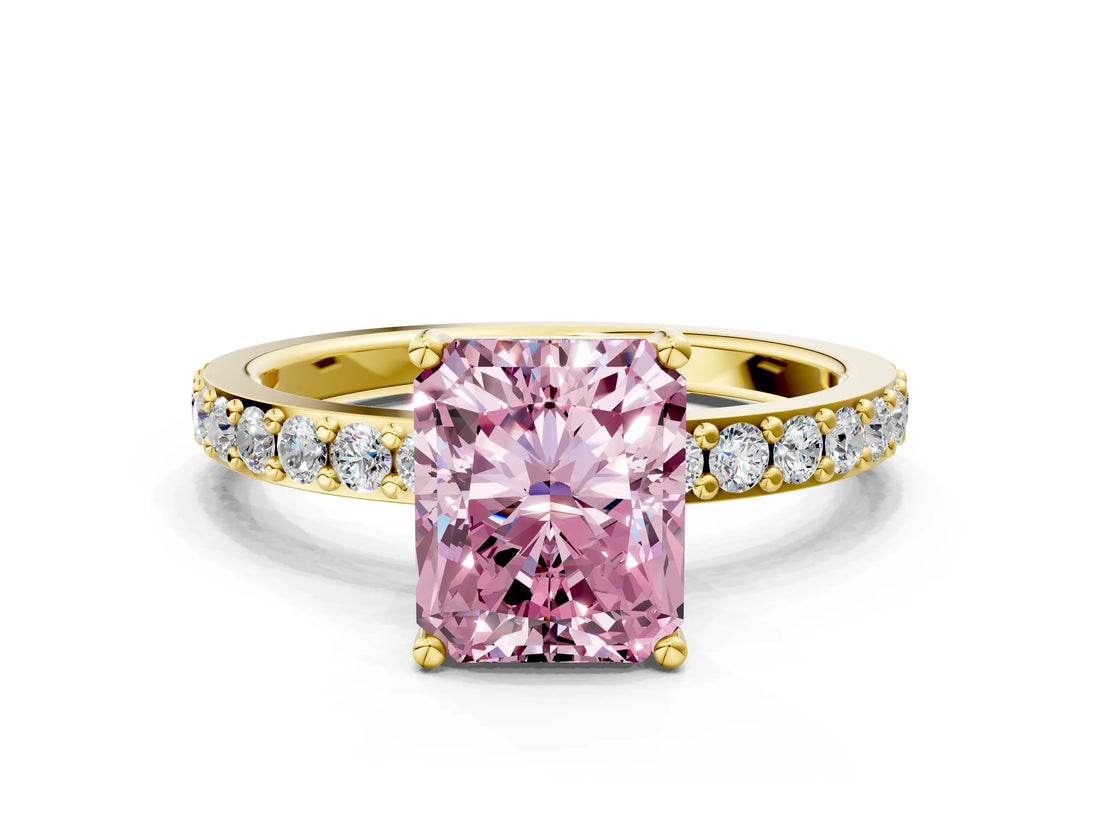 Yellow gold Fancy Pink Radiant  Cut Diamond Solitaire with Pave Band and Four-Prong Setting 1