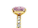 Yellow gold Fancy Pink Radiant  Cut Diamond Solitaire with Pave Band and Four-Prong Setting