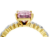 Yellow gold Fancy Pink Radiant Cut Diamond Solitaire with Side Stones, Pave Band, Four-Prong Setting_107