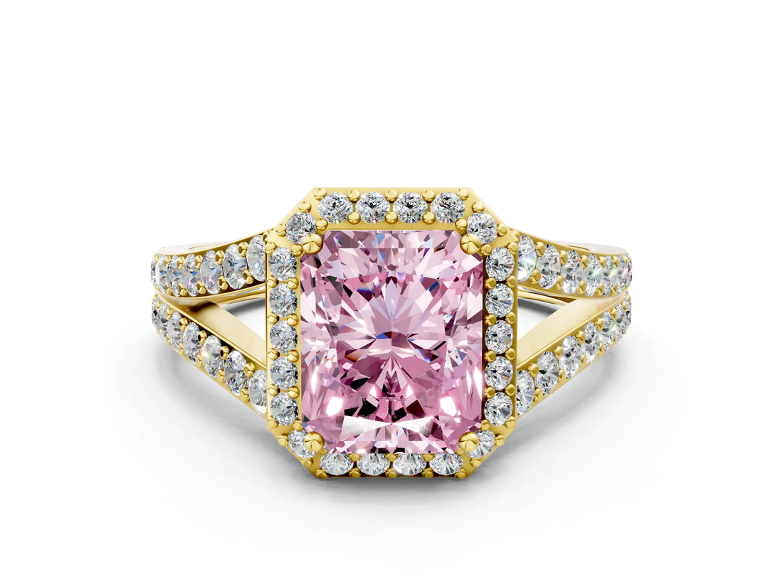 Yellow gold Fancy Pink Radiant Cut Diamond Split Shank Halo Ring with Four-Prong Setting_58