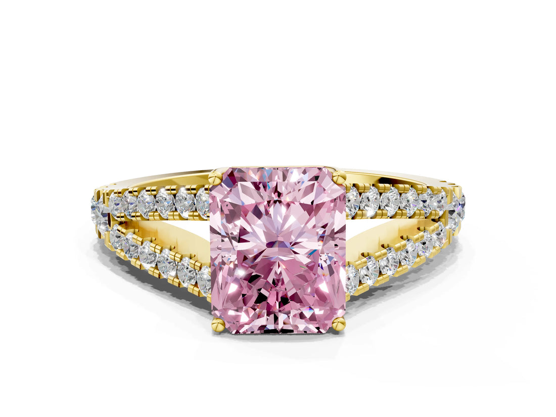 Yellow gold Fancy Pink Radiant Cut Diamond Split Shank Pavé Engagement Ring with Four-Prong Setting_74