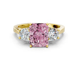 Yellow gold Fancy Pink Radiant Cut Diamond Three-Stone Engagement Ring with Prong Setting and Pavé Band