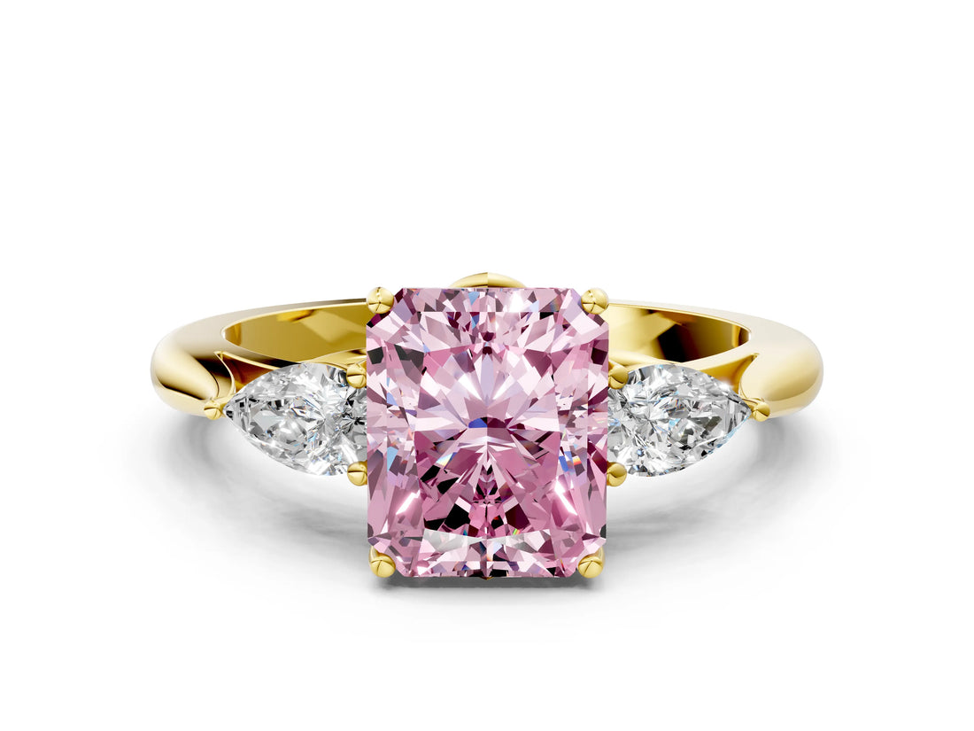 Yellow gold Fancy Pink Radiant Cut Diamond Three-Stone Ring with Pear Side Stones and Four-Prong Setting_77
