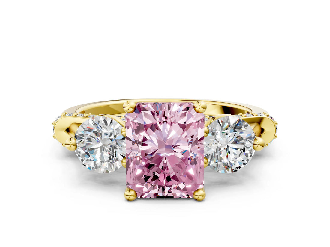 Yellow gold Fancy Pink Radiant Cut Diamond Three-Stone Ring with Prong Setting and Pavé Band