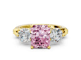 Yellow gold Fancy Pink Radiant Cut Diamond Three-Stone Ring with Prong Setting and Pavé Band