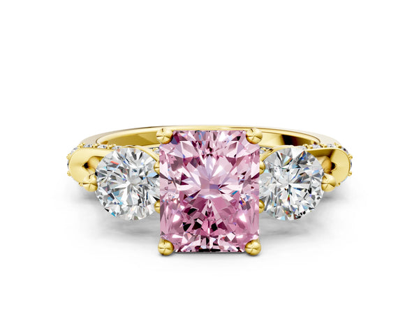 Yellow Gold Radiant Cut Curved Pave Three Stone Engagement Ring Setting for Fancy Pink Center
