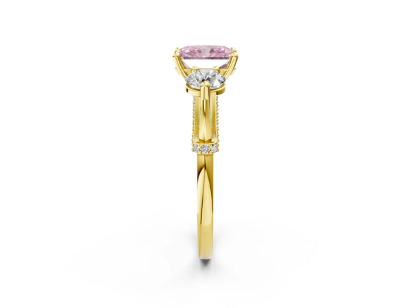 Yellow Gold Radiant Cut Curved Pave Three Stone Engagement Ring Setting for Fancy Pink Center
