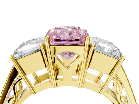 Yellow gold Fancy Pink Radiant Cut Diamond Three-Stone Ring with Prong Setting and Textured Band_11
