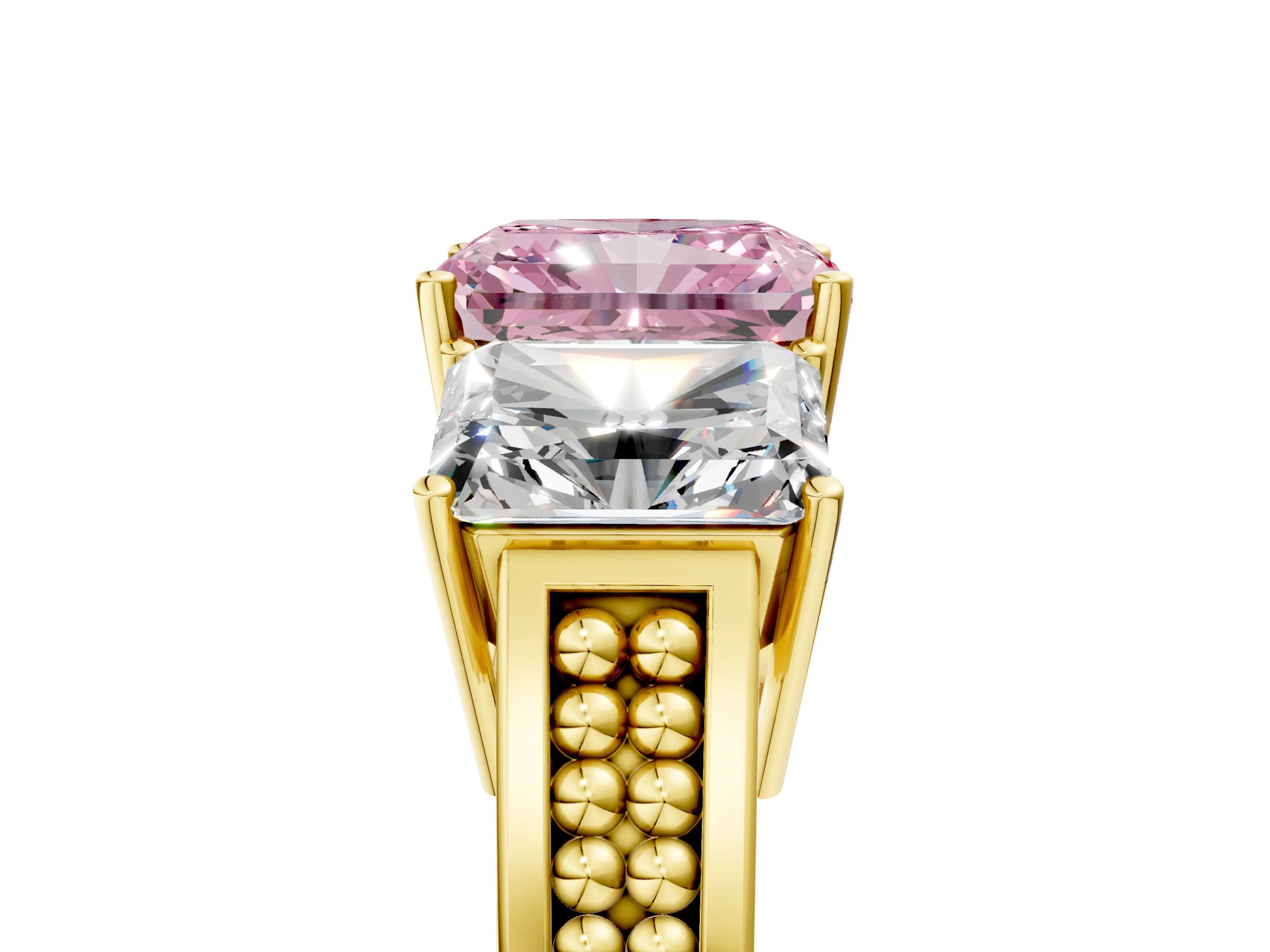 Yellow gold Fancy Pink Radiant Cut Diamond Three-Stone Ring with Prong Setting and Textured Band_12