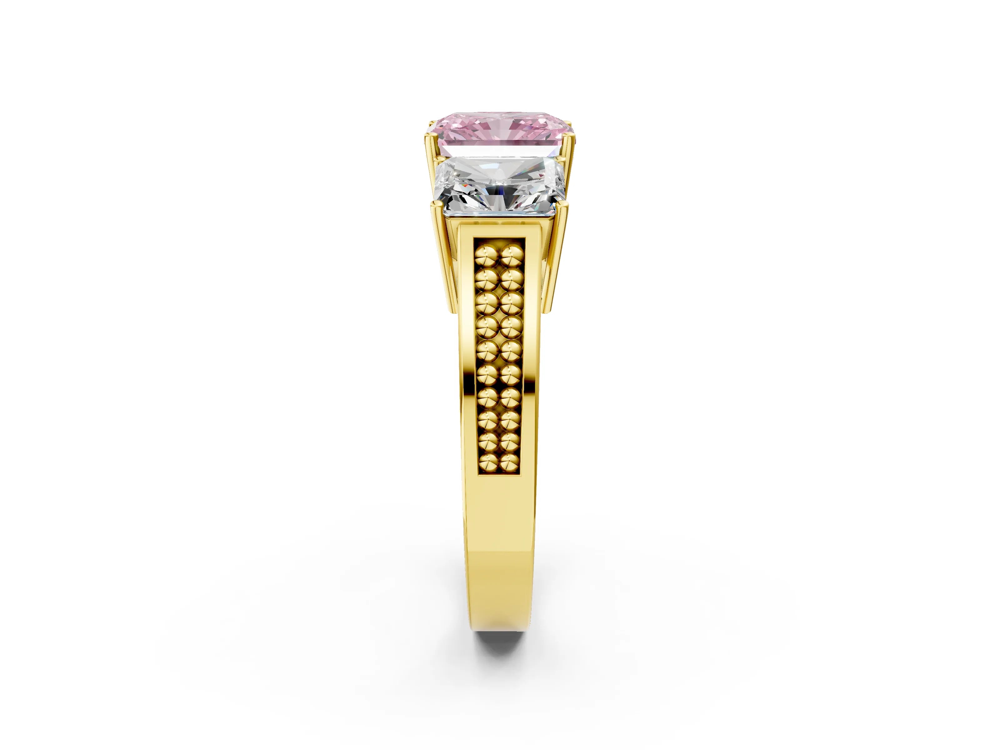 Yellow gold Fancy Pink Radiant Cut Diamond Three-Stone Ring with Prong Setting and Textured Band_2