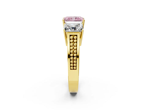 Yellow gold Fancy Pink Radiant Cut Diamond Three-Stone Ring with Prong Setting and Textured Band_2
