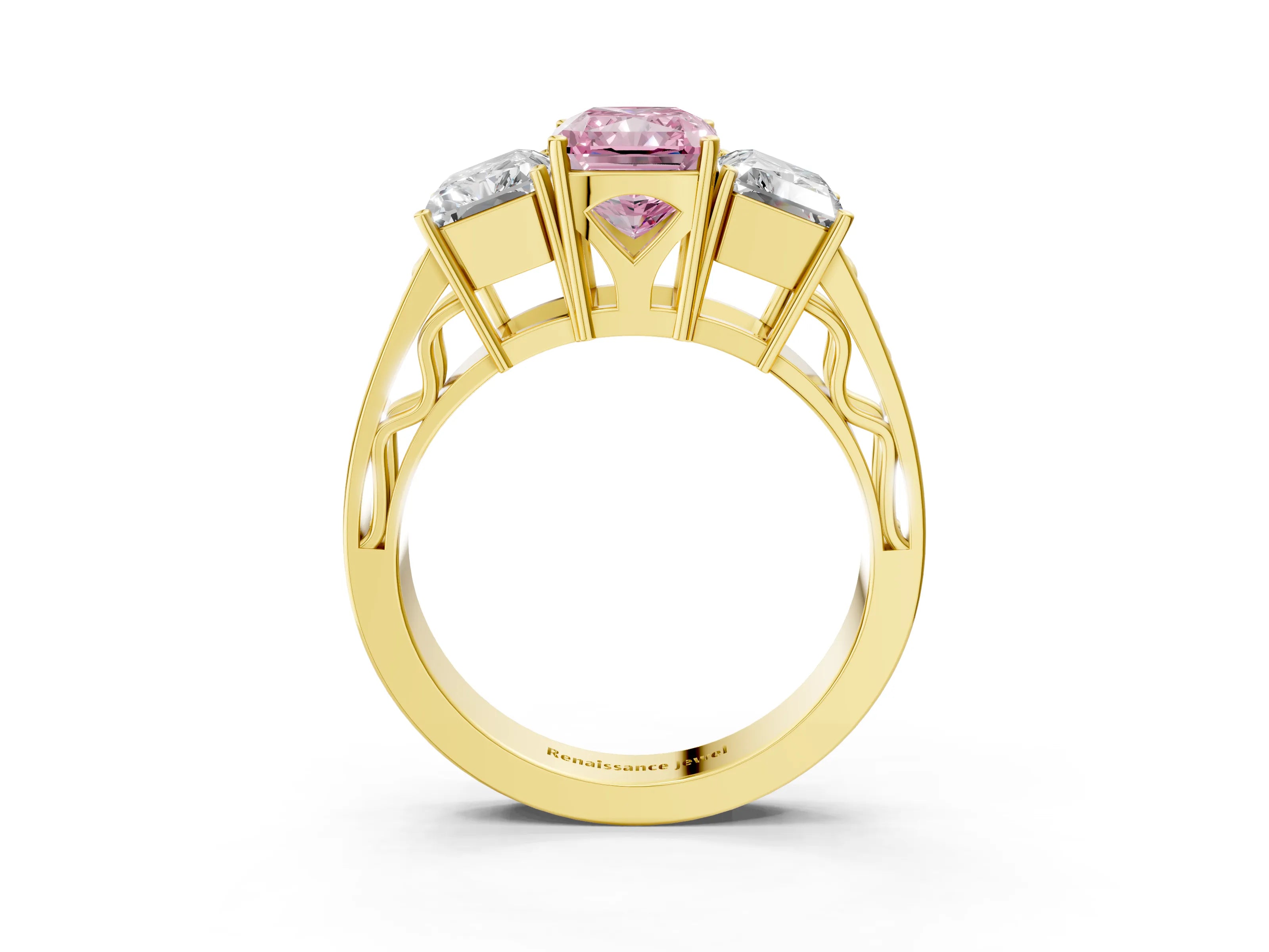 Yellow gold Fancy Pink Radiant Cut Diamond Three-Stone Ring with Prong Setting and Textured Band_3