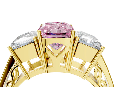 Yellow gold Fancy Pink Radiant Cut Diamond Three-Stone Ring with Prong Setting and Textured Band_4