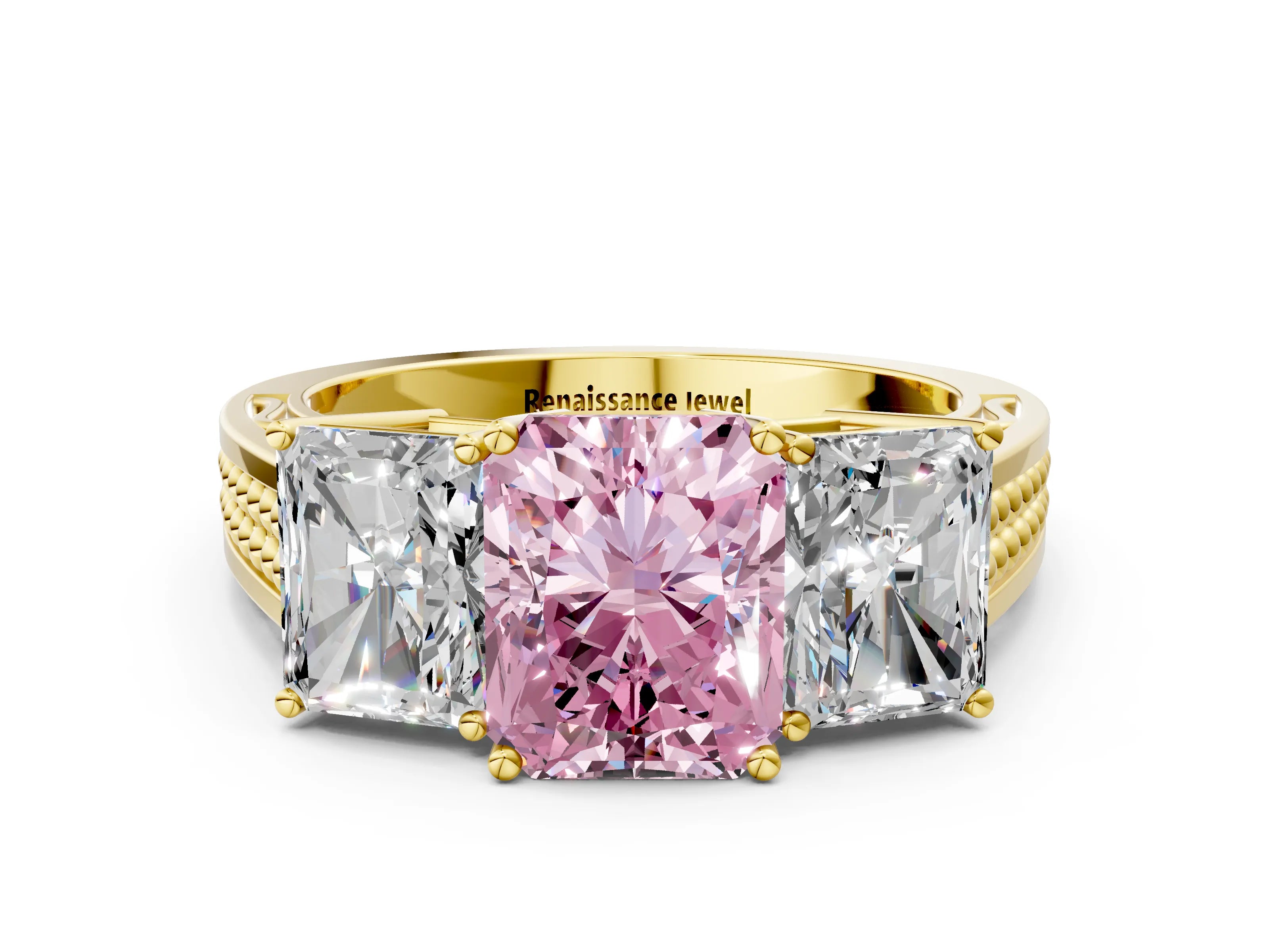 Yellow gold Fancy Pink Radiant Cut Diamond Three-Stone Ring with Prong Setting and Textured Band