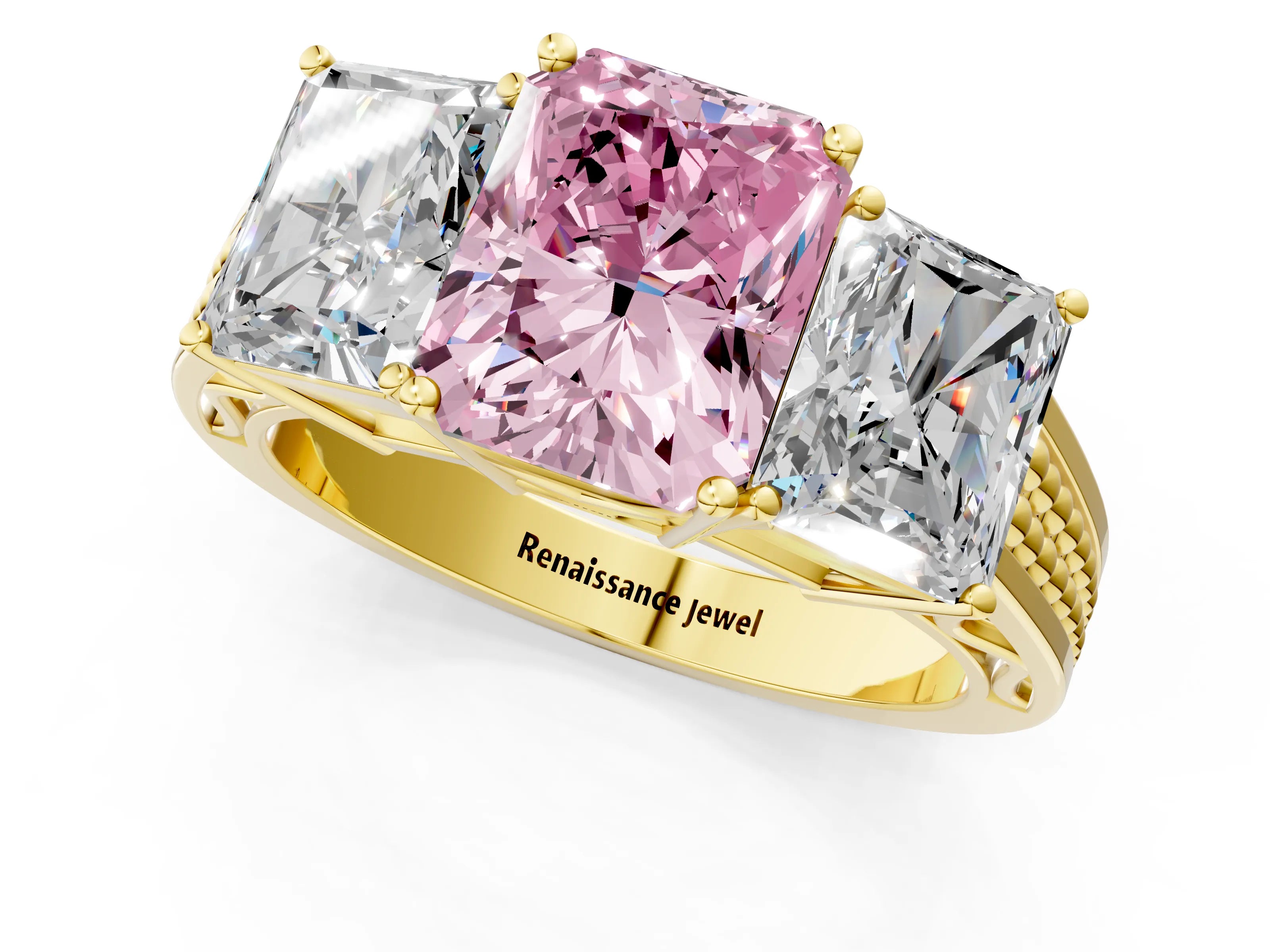 Yellow gold Fancy Pink Radiant Cut Diamond Three-Stone Ring with Prong Setting and Textured Band_8