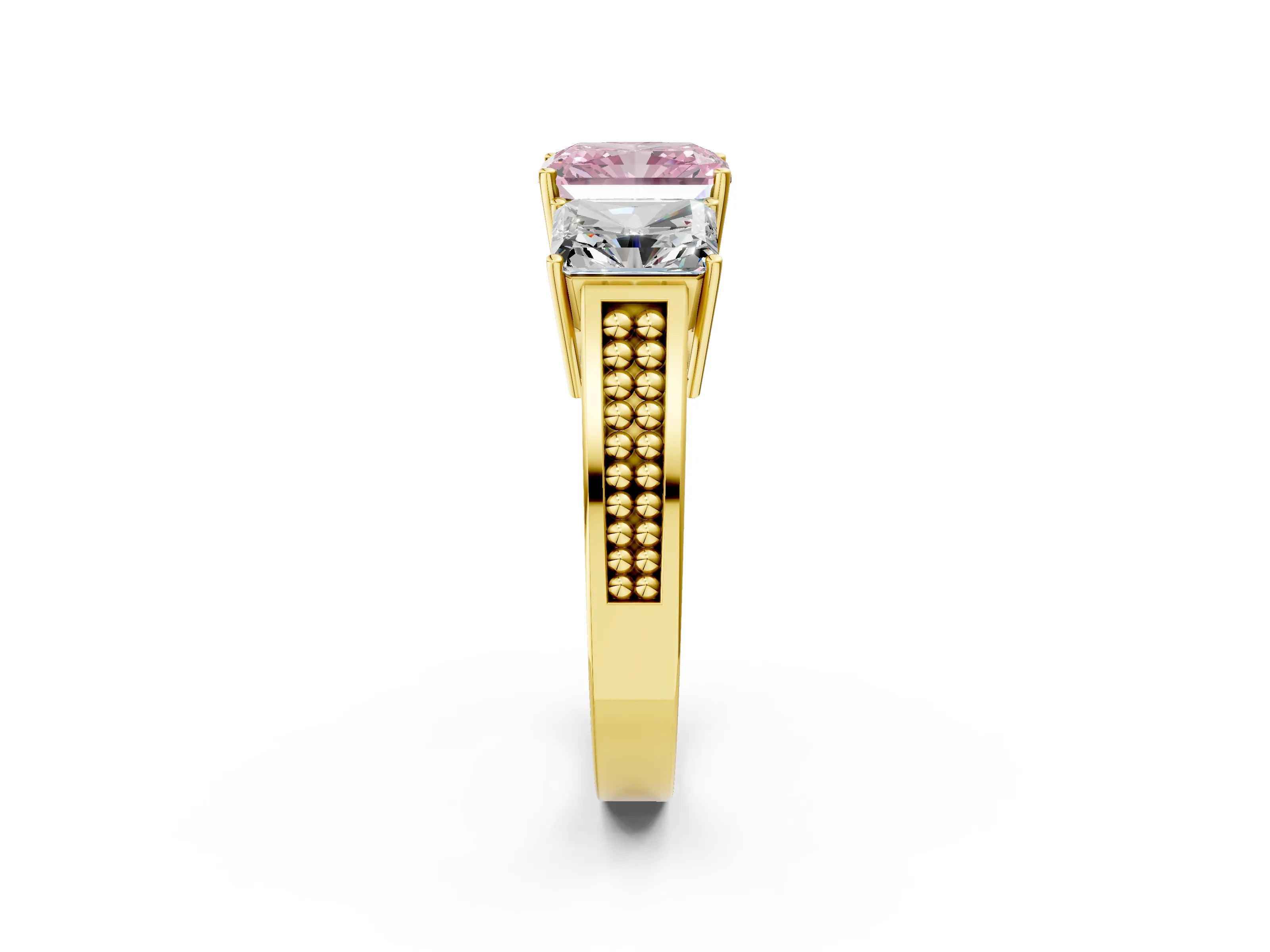 Yellow gold Fancy Pink Radiant Cut Diamond Three-Stone Ring with Prong Setting and Textured Band_9