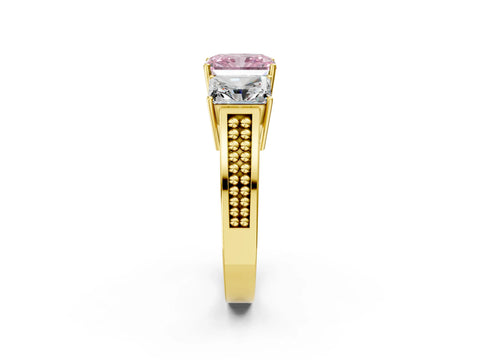 Yellow gold Fancy Pink Radiant Cut Diamond Three-Stone Ring with Prong Setting and Textured Band_9