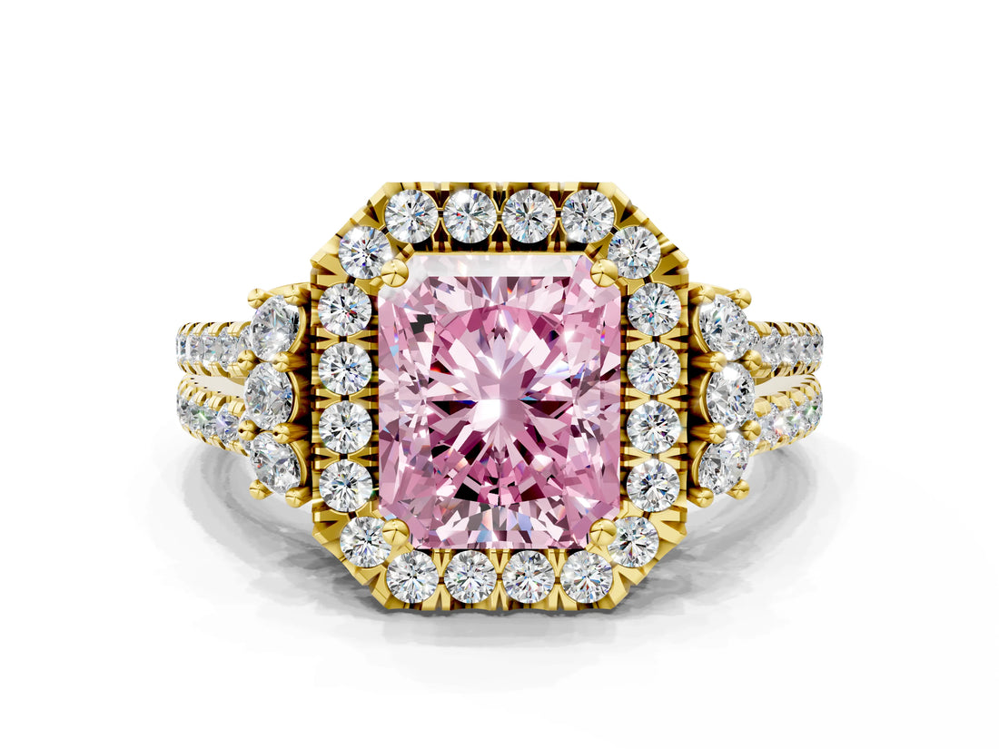 Yellow gold Fancy Pink Radiant  Cut Double Halo Diamond Engagement Ring with Pave Band and Four-Prong Setting_41