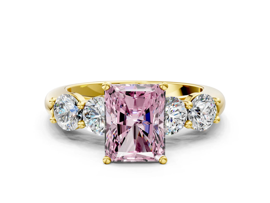 Yellow gold Fancy Pink Radiant  Cut Five-Stone Prong Set Diamond Ring with Classic Band_69