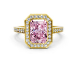 Yellow gold Fancy Pink Radiant Cut Halo Bezel Diamond Pave Band Ring