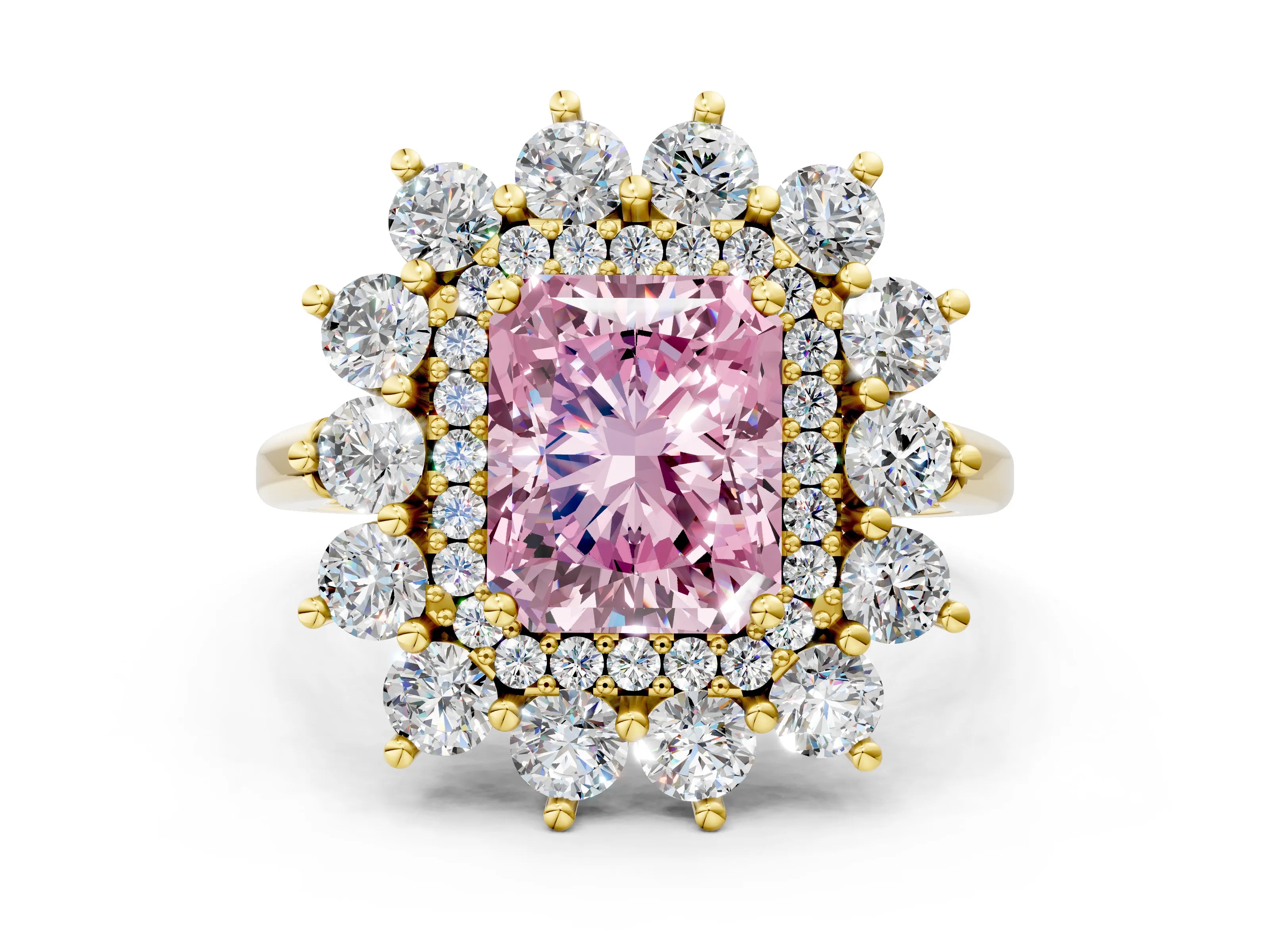 Yellow gold Fancy Pink Radiant Cut Halo Cluster Diamond Ring with Pave Band and Four-Prong Setting