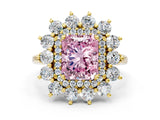 Yellow gold Fancy Pink Radiant Cut Halo Cluster Diamond Ring with Pave Band and Four-Prong Setting_12