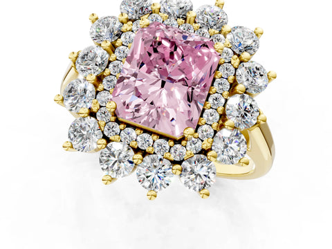 Yellow gold Fancy Pink Radiant Cut Halo Cluster Diamond Ring with Pave Band and Four-Prong Setting_13