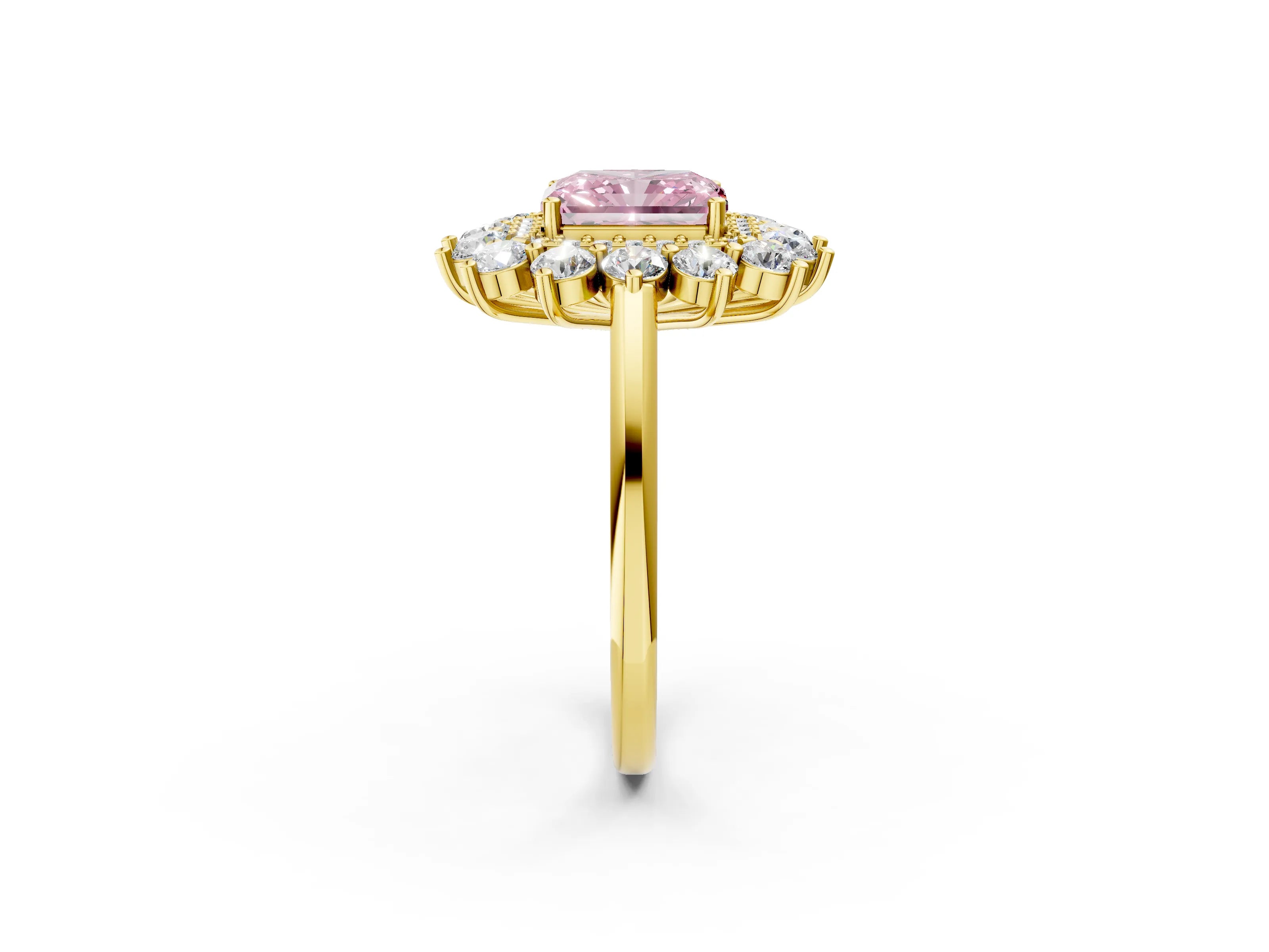 Yellow gold Fancy Pink Radiant Cut Halo Cluster Diamond Ring with Pave Band and Four-Prong Setting_14