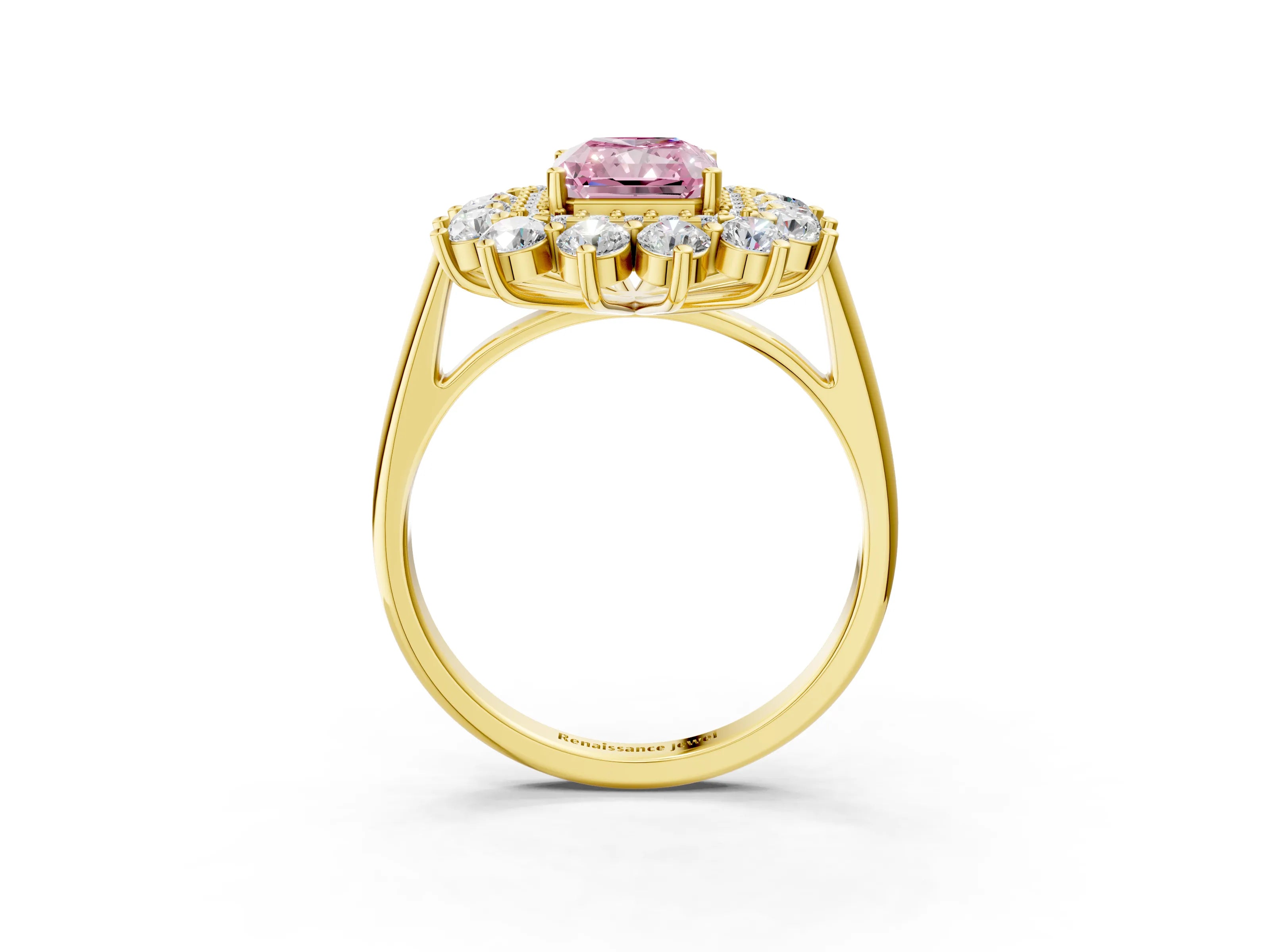Yellow gold Fancy Pink Radiant Cut Halo Cluster Diamond Ring with Pave Band and Four-Prong Setting_15