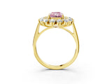Yellow gold Fancy Pink Radiant Cut Halo Cluster Diamond Ring with Pave Band and Four-Prong Setting_15