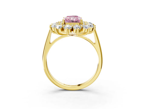 Yellow gold Fancy Pink Radiant Cut Halo Cluster Diamond Ring with Pave Band and Four-Prong Setting_15