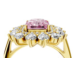 Yellow gold Fancy Pink Radiant Cut Halo Cluster Diamond Ring with Pave Band and Four-Prong Setting_16