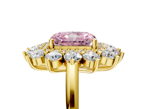 Yellow gold Fancy Pink Radiant Cut Halo Cluster Diamond Ring with Pave Band and Four-Prong Setting_17