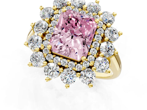 Yellow gold Fancy Pink Radiant Cut Halo Cluster Diamond Ring with Pave Band and Four-Prong Setting_1