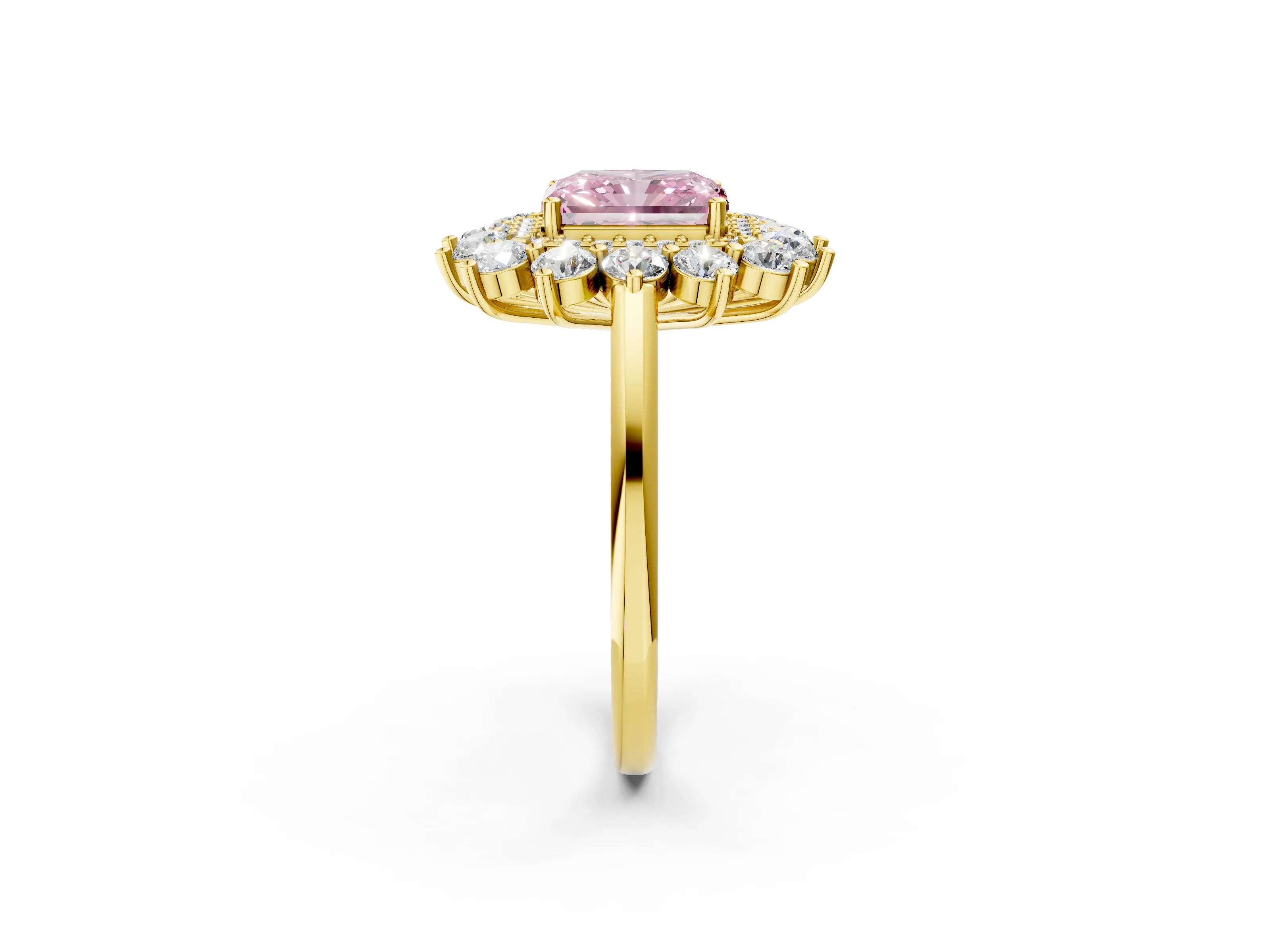 Yellow gold Fancy Pink Radiant Cut Halo Cluster Diamond Ring with Pave Band and Four-Prong Setting_2