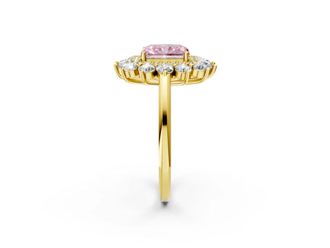 Yellow gold Fancy Pink Radiant Cut Halo Cluster Diamond Ring with Pave Band and Four-Prong Setting_2