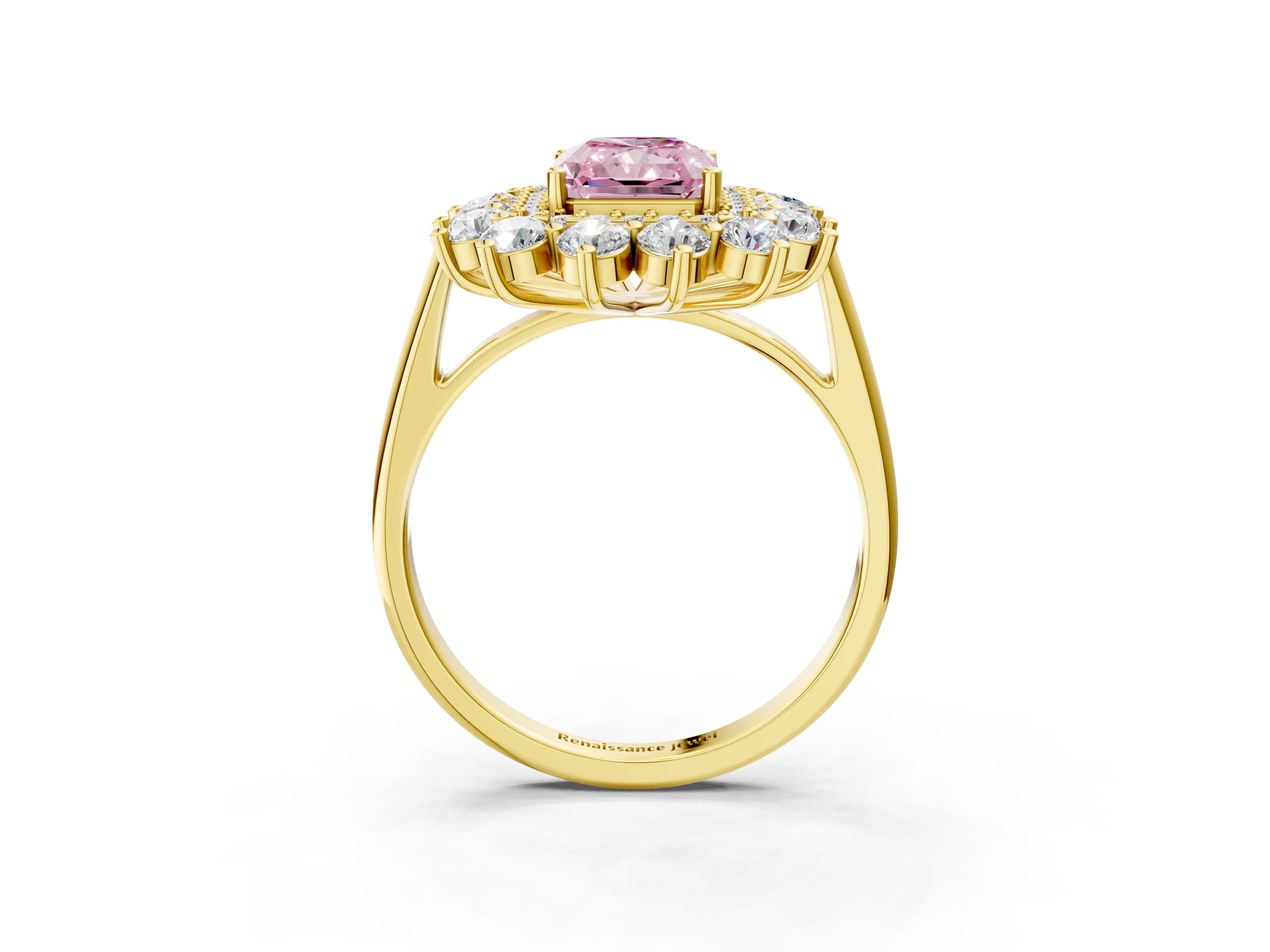 Yellow gold Fancy Pink Radiant Cut Halo Cluster Diamond Ring with Pave Band and Four-Prong Setting_3