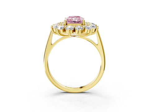 Yellow gold Fancy Pink Radiant Cut Halo Cluster Diamond Ring with Pave Band and Four-Prong Setting_3