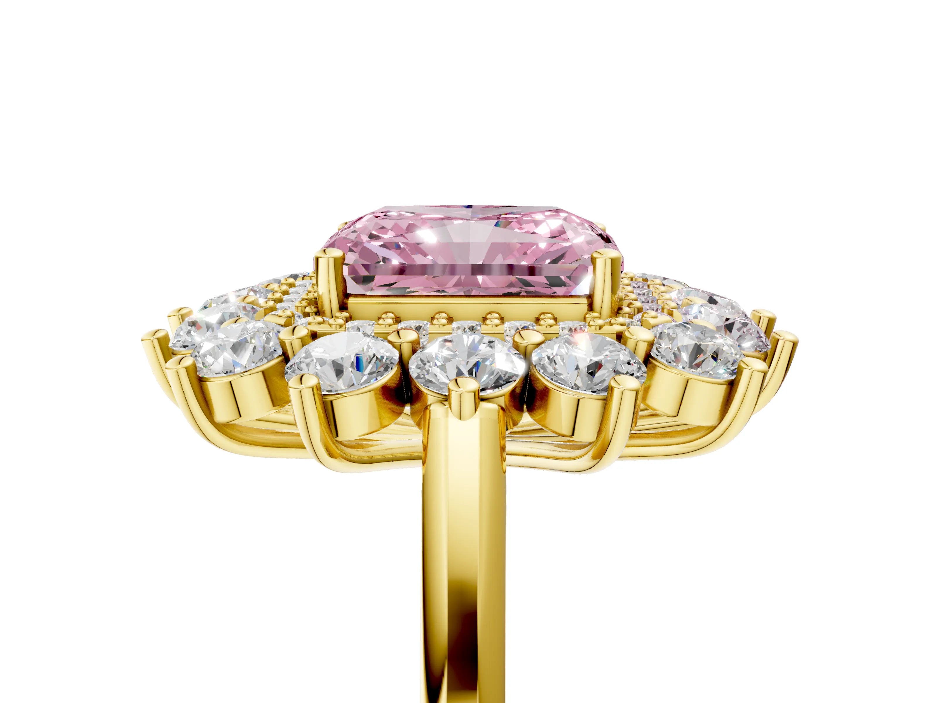 Yellow gold Fancy Pink Radiant Cut Halo Cluster Diamond Ring with Pave Band and Four-Prong Setting_5
