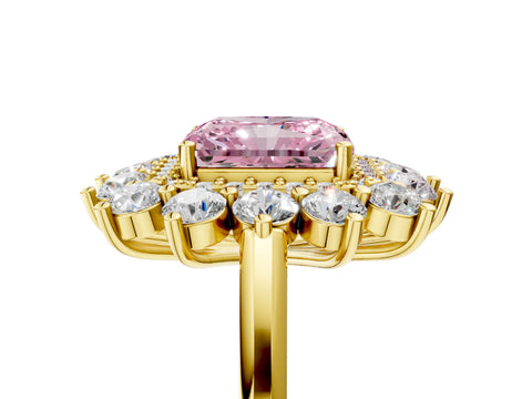 Yellow gold Fancy Pink Radiant Cut Halo Cluster Diamond Ring with Pave Band and Four-Prong Setting_5